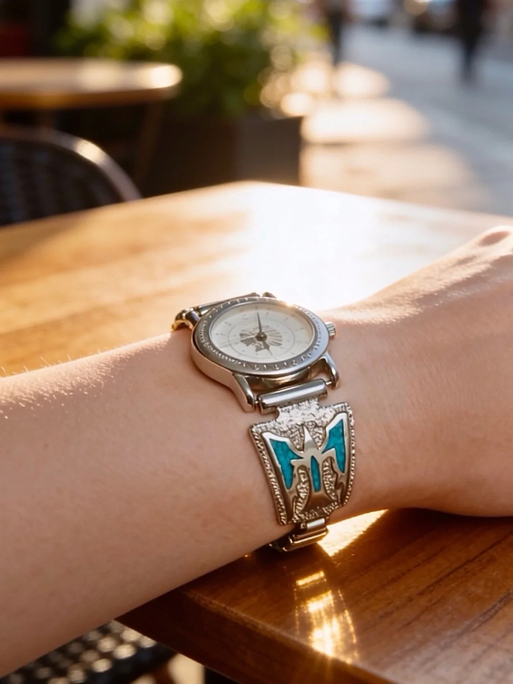 Silver Indian Chief Watch with Sterling Navajo Turquoise Inlay Thunderbird Tips